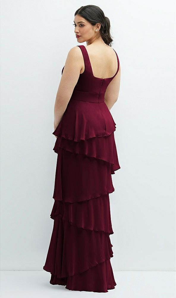 Back View - Cabernet Asymmetrical Tiered Ruffle Chiffon Maxi Dress with Handworked Flowers Detail