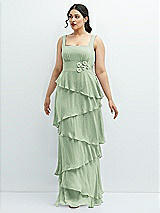 Front View Thumbnail - Celadon Asymmetrical Tiered Ruffle Chiffon Maxi Dress with Handworked Flowers Detail