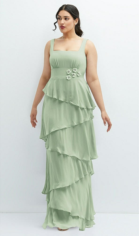 Front View - Celadon Asymmetrical Tiered Ruffle Chiffon Maxi Dress with Handworked Flowers Detail