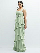 Side View Thumbnail - Celadon Asymmetrical Tiered Ruffle Chiffon Maxi Dress with Handworked Flowers Detail
