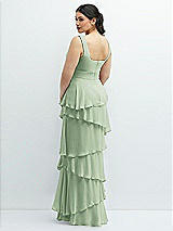 Rear View Thumbnail - Celadon Asymmetrical Tiered Ruffle Chiffon Maxi Dress with Handworked Flowers Detail