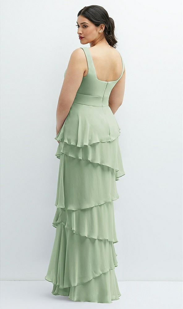 Back View - Celadon Asymmetrical Tiered Ruffle Chiffon Maxi Dress with Handworked Flowers Detail