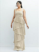 Front View Thumbnail - Champagne Asymmetrical Tiered Ruffle Chiffon Maxi Dress with Handworked Flowers Detail