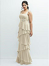 Side View Thumbnail - Champagne Asymmetrical Tiered Ruffle Chiffon Maxi Dress with Handworked Flowers Detail