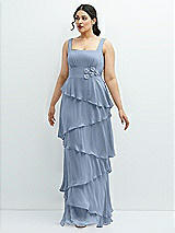 Front View Thumbnail - Cloudy Asymmetrical Tiered Ruffle Chiffon Maxi Dress with Handworked Flowers Detail