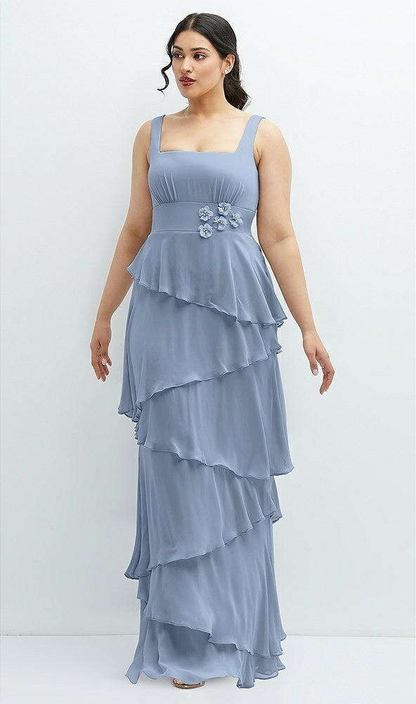 Front View - Cloudy Asymmetrical Tiered Ruffle Chiffon Maxi Dress with Handworked Flowers Detail