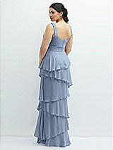 Rear View Thumbnail - Cloudy Asymmetrical Tiered Ruffle Chiffon Maxi Dress with Handworked Flowers Detail