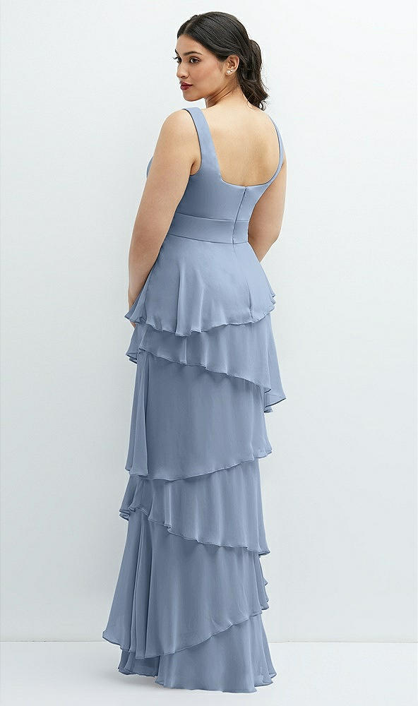 Back View - Cloudy Asymmetrical Tiered Ruffle Chiffon Maxi Dress with Handworked Flowers Detail