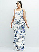 Front View Thumbnail - Cottage Rose Dusk Blue Asymmetrical Tiered Ruffle Chiffon Maxi Dress with Handworked Flowers Detail