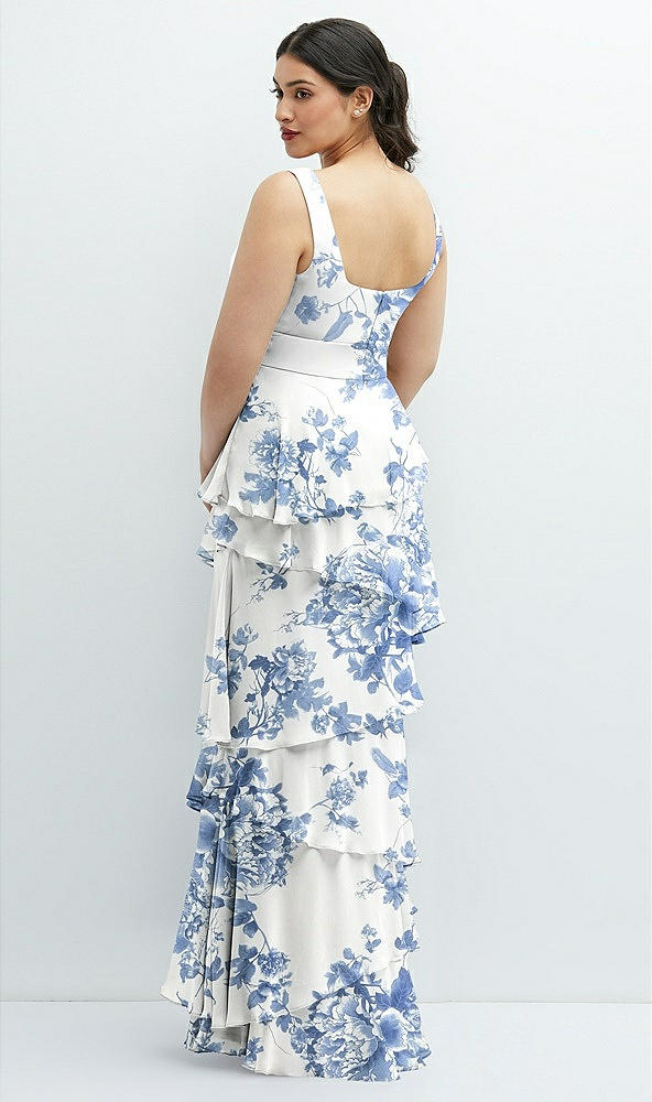 Back View - Cottage Rose Dusk Blue Asymmetrical Tiered Ruffle Chiffon Maxi Dress with Handworked Flowers Detail