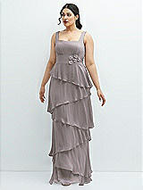 Front View Thumbnail - Cashmere Gray Asymmetrical Tiered Ruffle Chiffon Maxi Dress with Handworked Flowers Detail
