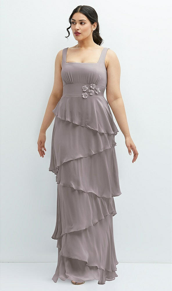 Front View - Cashmere Gray Asymmetrical Tiered Ruffle Chiffon Maxi Dress with Handworked Flowers Detail