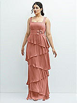 Front View Thumbnail - Desert Rose Asymmetrical Tiered Ruffle Chiffon Maxi Dress with Handworked Flowers Detail