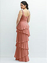 Rear View Thumbnail - Desert Rose Asymmetrical Tiered Ruffle Chiffon Maxi Dress with Handworked Flowers Detail