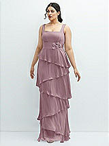 Front View Thumbnail - Dusty Rose Asymmetrical Tiered Ruffle Chiffon Maxi Dress with Handworked Flowers Detail
