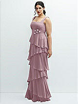 Side View Thumbnail - Dusty Rose Asymmetrical Tiered Ruffle Chiffon Maxi Dress with Handworked Flowers Detail