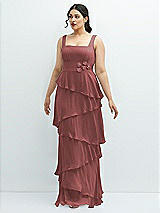 Front View Thumbnail - English Rose Asymmetrical Tiered Ruffle Chiffon Maxi Dress with Handworked Flowers Detail