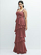 Side View Thumbnail - English Rose Asymmetrical Tiered Ruffle Chiffon Maxi Dress with Handworked Flowers Detail