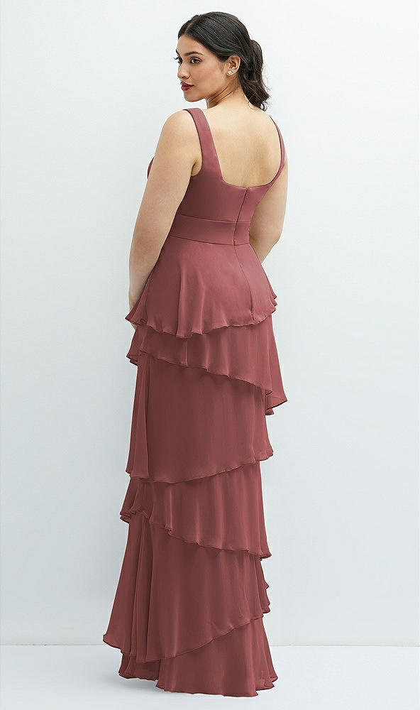 Back View - English Rose Asymmetrical Tiered Ruffle Chiffon Maxi Dress with Handworked Flowers Detail