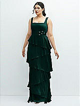 Front View Thumbnail - Evergreen Asymmetrical Tiered Ruffle Chiffon Maxi Dress with Handworked Flowers Detail