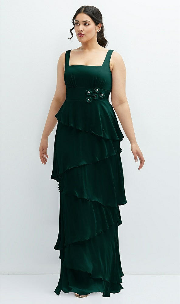 Front View - Evergreen Asymmetrical Tiered Ruffle Chiffon Maxi Dress with Handworked Flowers Detail