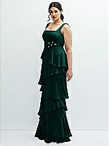 Side View Thumbnail - Evergreen Asymmetrical Tiered Ruffle Chiffon Maxi Dress with Handworked Flowers Detail