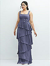 Front View Thumbnail - French Blue Asymmetrical Tiered Ruffle Chiffon Maxi Dress with Handworked Flowers Detail
