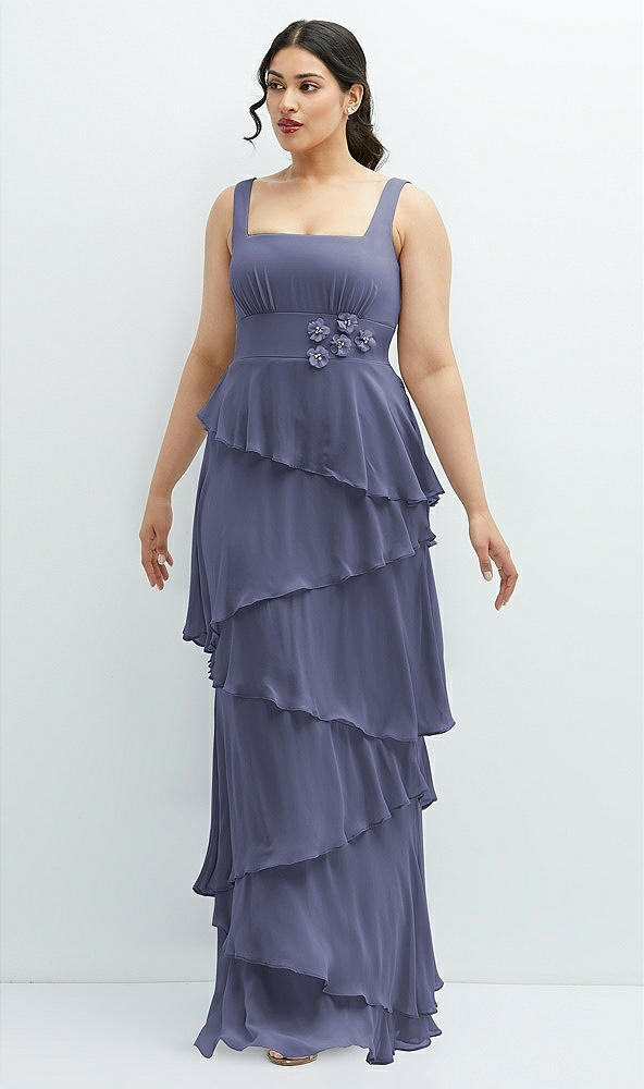 Front View - French Blue Asymmetrical Tiered Ruffle Chiffon Maxi Dress with Handworked Flowers Detail