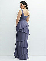 Rear View Thumbnail - French Blue Asymmetrical Tiered Ruffle Chiffon Maxi Dress with Handworked Flowers Detail