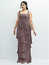 Front View Thumbnail - French Truffle Asymmetrical Tiered Ruffle Chiffon Maxi Dress with Handworked Flowers Detail