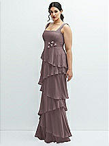 Side View Thumbnail - French Truffle Asymmetrical Tiered Ruffle Chiffon Maxi Dress with Handworked Flowers Detail