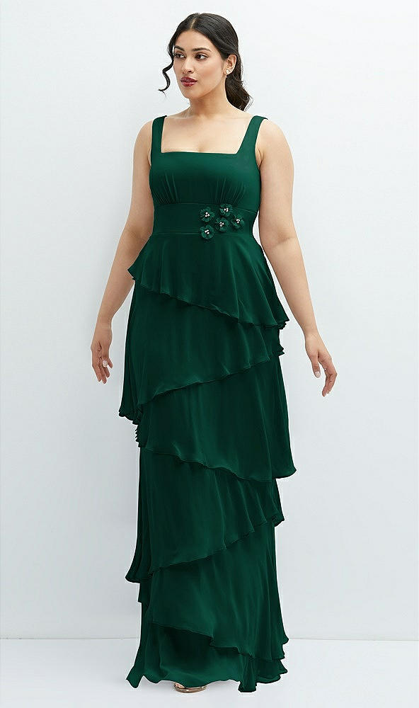 Front View - Hunter Green Asymmetrical Tiered Ruffle Chiffon Maxi Dress with Handworked Flowers Detail