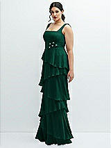 Side View Thumbnail - Hunter Green Asymmetrical Tiered Ruffle Chiffon Maxi Dress with Handworked Flowers Detail