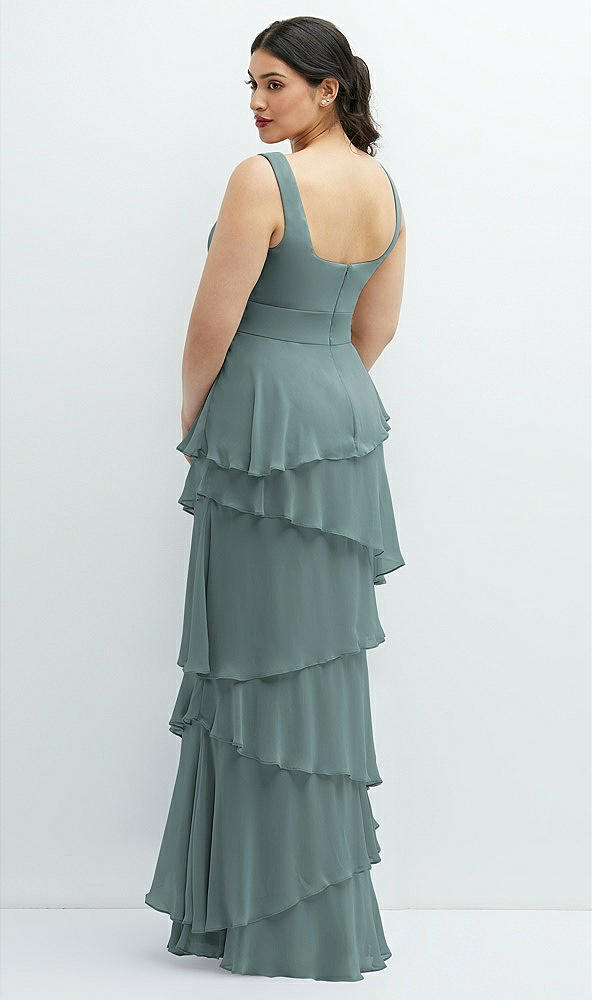 Back View - Icelandic Asymmetrical Tiered Ruffle Chiffon Maxi Dress with Handworked Flowers Detail