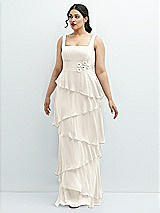 Front View Thumbnail - Ivory Asymmetrical Tiered Ruffle Chiffon Maxi Dress with Handworked Flowers Detail