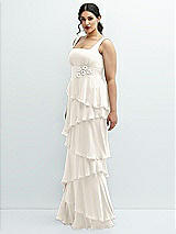Side View Thumbnail - Ivory Asymmetrical Tiered Ruffle Chiffon Maxi Dress with Handworked Flowers Detail