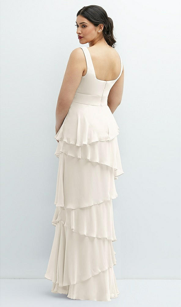 Back View - Ivory Asymmetrical Tiered Ruffle Chiffon Maxi Dress with Handworked Flowers Detail