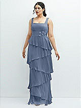 Front View Thumbnail - Larkspur Blue Asymmetrical Tiered Ruffle Chiffon Maxi Dress with Handworked Flowers Detail
