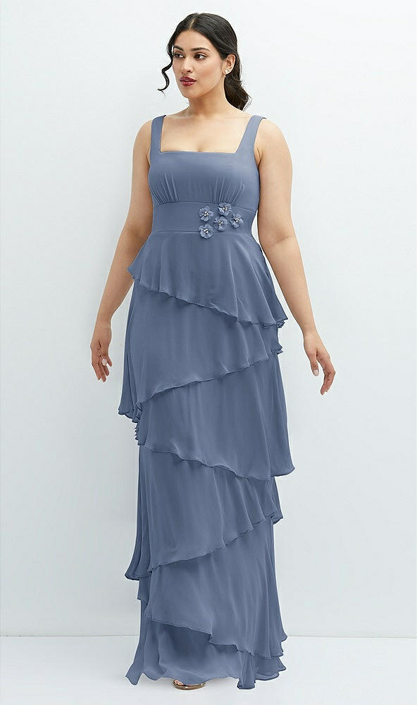 Front View - Larkspur Blue Asymmetrical Tiered Ruffle Chiffon Maxi Dress with Handworked Flowers Detail