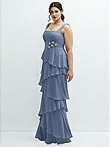 Side View Thumbnail - Larkspur Blue Asymmetrical Tiered Ruffle Chiffon Maxi Dress with Handworked Flowers Detail