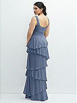 Rear View Thumbnail - Larkspur Blue Asymmetrical Tiered Ruffle Chiffon Maxi Dress with Handworked Flowers Detail