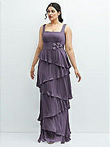 Front View Thumbnail - Lavender Asymmetrical Tiered Ruffle Chiffon Maxi Dress with Handworked Flowers Detail