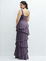 Rear View Thumbnail - Lavender Asymmetrical Tiered Ruffle Chiffon Maxi Dress with Handworked Flowers Detail
