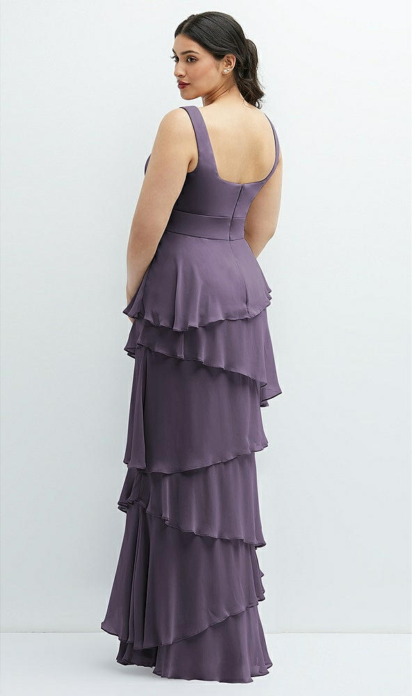 Back View - Lavender Asymmetrical Tiered Ruffle Chiffon Maxi Dress with Handworked Flowers Detail