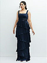Front View Thumbnail - Midnight Navy Asymmetrical Tiered Ruffle Chiffon Maxi Dress with Handworked Flowers Detail