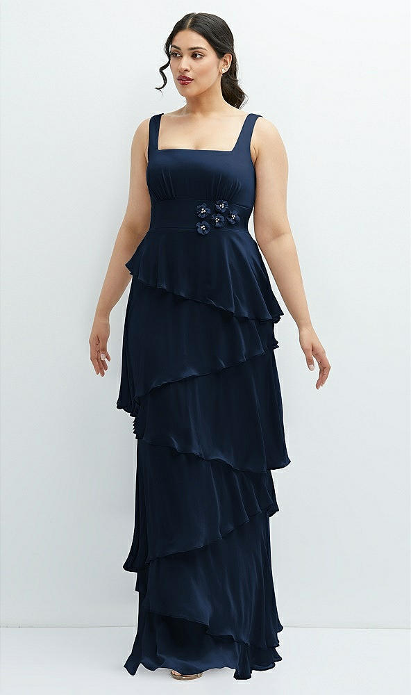 Front View - Midnight Navy Asymmetrical Tiered Ruffle Chiffon Maxi Dress with Handworked Flowers Detail