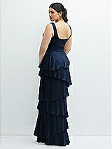 Rear View Thumbnail - Midnight Navy Asymmetrical Tiered Ruffle Chiffon Maxi Dress with Handworked Flowers Detail