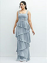 Front View Thumbnail - Mist Asymmetrical Tiered Ruffle Chiffon Maxi Dress with Handworked Flowers Detail