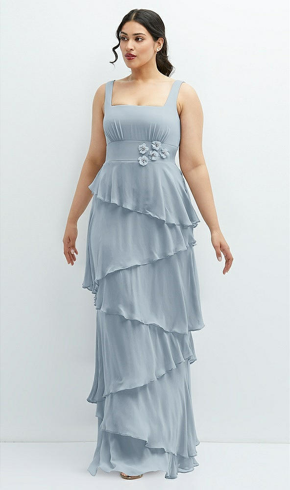Front View - Mist Asymmetrical Tiered Ruffle Chiffon Maxi Dress with Handworked Flowers Detail