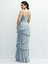 Rear View Thumbnail - Mist Asymmetrical Tiered Ruffle Chiffon Maxi Dress with Handworked Flowers Detail